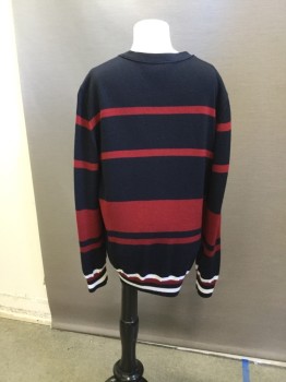 E. ARMANI, Red, Red, White, Wool, Acrylic, Stripes - Horizontal , V-neck, Double, Long Sleeves,