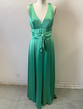 Womens, Evening Gown, A.B.S., Jade Green, Acetate, Polyester, Solid, Sz.6, Satin, Sleeveless, V-neck, Self Gathered Belt with Knotted Bow Detail at Center Front Waist, Sheer Mesh at Back Shoulders, Box Pleats at Waist, Floor Length