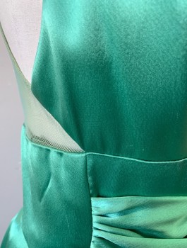 Womens, Evening Gown, A.B.S., Jade Green, Acetate, Polyester, Solid, Sz.6, Satin, Sleeveless, V-neck, Self Gathered Belt with Knotted Bow Detail at Center Front Waist, Sheer Mesh at Back Shoulders, Box Pleats at Waist, Floor Length