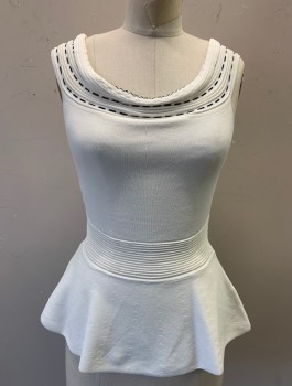 Womens, Top, EVA MENDES, White, Black, Rayon, Nylon, Solid, S, Knit, Sleeveless, Black Dashed Stripes Around Ribbed Scoop Neck, Ribbed Detail at Waist with Peplum Flare at Hem