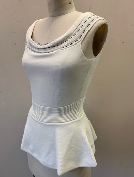 Womens, Top, EVA MENDES, White, Black, Rayon, Nylon, Solid, S, Knit, Sleeveless, Black Dashed Stripes Around Ribbed Scoop Neck, Ribbed Detail at Waist with Peplum Flare at Hem