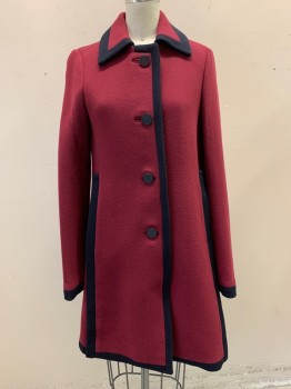 Womens, Coat, J CREW, Red Burgundy, Wool, Nylon, 0, Collar Attached, Single Breasted, Button Front, 5 Buttons, 2 Pockets