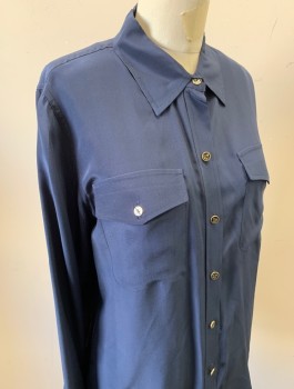 Womens, Blouse, CLUB MONACO, Navy Blue, Silk, Solid, M, Crepe De Chine, Long Sleeves, Button Front, Collar Attached, Gold/Black Buttons with Anchor Detail, 2 Patch Pockets with Button and Flap Closure