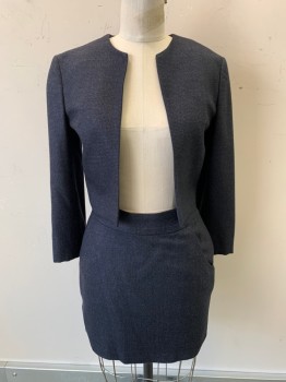 Womens, Suit, Jacket, N/L, Charcoal Gray, Midnight Blue, Wool, 2 Color Weave, B:34, S, No Lapel, Round Neck, Open Front with No Closures, Slightly Cropped/Short Waisted