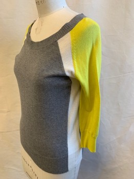 Womens, Pullover, SPLENDID, Heather Gray, White, Yellow, Cotton, Nylon, Color Blocking, M, Ribbed Knit Scoop Neck, Raglan 3/4 Sleeve, Ribbed Knit Cuff/Waistband