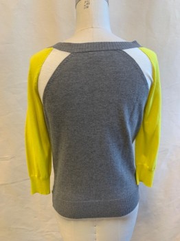 Womens, Pullover, SPLENDID, Heather Gray, White, Yellow, Cotton, Nylon, Color Blocking, M, Ribbed Knit Scoop Neck, Raglan 3/4 Sleeve, Ribbed Knit Cuff/Waistband