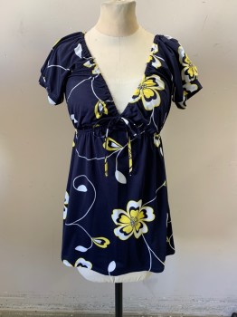 Womens, Top, INC, Navy Blue, White, Yellow, Polyester, Spandex, Floral, S, V-neck, Sleeveless, Gathered Under Bust, Not Made Bow at Center