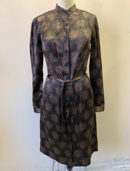Womens, Dress, Long & 3/4 Sleeve, CLUB MONACO, Black, Brown, Silk, Leaves/Vines , B 32, 2, W 28, Satin, Long Sleeves, Button Front Shirt Dress, Band Collar, Knee Length, **with Matching Fabric Belt