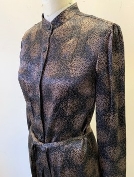 Womens, Dress, Long & 3/4 Sleeve, CLUB MONACO, Black, Brown, Silk, Leaves/Vines , B 32, 2, W 28, Satin, Long Sleeves, Button Front Shirt Dress, Band Collar, Knee Length, **with Matching Fabric Belt