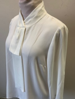 TAHARI, White, Polyester, Solid, Crepe, 3/4 Sleeves, Pleated Stand Collar That Forms V-neck, with Vertical Hanging Tab at Front, Pullover, 2 Button Closures At Back Neck, Multiples