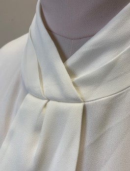 TAHARI, White, Polyester, Solid, Crepe, 3/4 Sleeves, Pleated Stand Collar That Forms V-neck, with Vertical Hanging Tab at Front, Pullover, 2 Button Closures At Back Neck, Multiples
