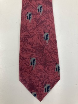 Mens, Tie, VALENTINO, Dull Rose/Purple Crinkle Print Silk with Gray/Navy Squiggle Medallion