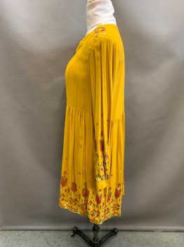 Womens, Dress, Long & 3/4 Sleeve, BEACH LUNCH LOUNGE, Mustard Yellow, Red, Red Burgundy, Green, Rayon, Polyester, Abstract , Floral, XL, V-neck, Pullover, Embroidery on Sleeves & Hem, Long Sleeves,  Gathered at Waist, Pleated Skirt, Hem Above Knee