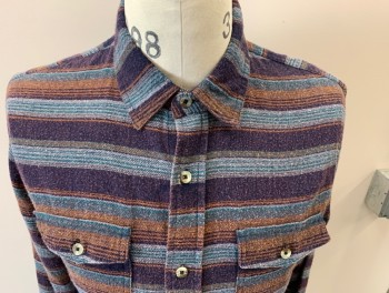 Mens, Casual Shirt, RSQ, Dk Purple, Off White, Orange, Turquoise Blue, Cotton, Stripes - Horizontal , XS, L/S, B.F., C.A., 2 Pckts,