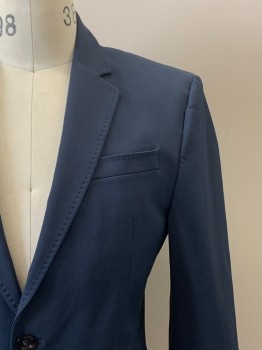 Mens, Sportcoat/Blazer, ZARA MAN, Navy Blue, Polyester, Elastane, Solid, 38S, 2 Buttons, Single Breasted, Notched Lapel, 3 Pockets, Stitching Detail