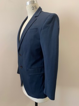 Mens, Sportcoat/Blazer, ZARA MAN, Navy Blue, Polyester, Elastane, Solid, 38S, 2 Buttons, Single Breasted, Notched Lapel, 3 Pockets, Stitching Detail