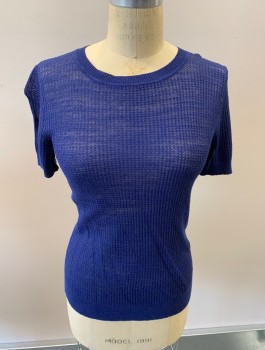 Womens, Pullover, THEORY, Dk Blue, Linen, Viscose, Solid, S, S/S, CN, Waffle Style Knit