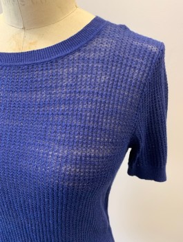 Womens, Pullover, THEORY, Dk Blue, Linen, Viscose, Solid, S, S/S, CN, Waffle Style Knit