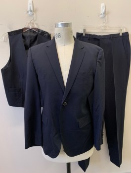 Mens, Suit, Jacket, HUGO BOSS, Navy Blue, Wool, Elastane, Solid, 38S, 2 Button, Flap Pockets, Single Vent