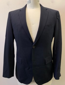 Mens, Suit, Jacket, HUGO BOSS, Navy Blue, Wool, Elastane, Solid, 38S, 2 Button, Flap Pockets, Single Vent