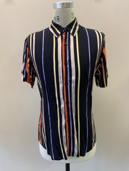 Mens, Casual Shirt, GUESS, Black, Multi-color, Viscose, Stripes, M, C.A., Button Front, S/S, Orange, Yellow, Blue, Gray, Beige Stripes