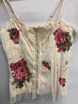 Womens, Top, N/L, XS, Corset Top, Beige, Floral Appliqués, Sequins And Bugle Beads, Spaghetti Straps, Boning, Mesh Overlay, Side Lace, Hook And Eye closure Front