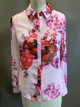 Womens, Blouse, TED BAKER, Pink, Red, Purple, Polyester, Floral, S/1, L/S, Button Front, Sheer, Grosgrain Placket, Pearl/rose Gold Buttons