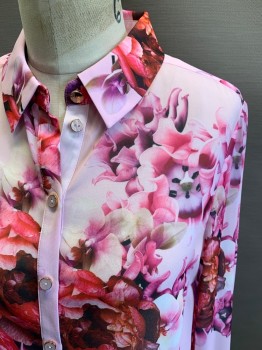 Womens, Blouse, TED BAKER, Pink, Red, Purple, Polyester, Floral, S/1, L/S, Button Front, Sheer, Grosgrain Placket, Pearl/rose Gold Buttons