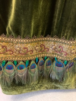 PERIOD CORSETS, Green, Silk, Cotton, Solid, Underskirt - Velvet Front, Gold Beaded Trim & Peacock Feathers at Hem See Detail Photo, Solid Black Cotton Back with Ruffle, Drawstring,
