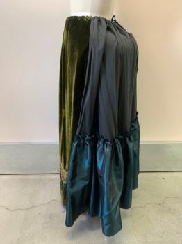Womens, Historical Fiction Skirt, PERIOD CORSETS, Green, Silk, Cotton, Solid, W24, Underskirt - Velvet Front, Gold Beaded Trim & Peacock Feathers at Hem See Detail Photo, Solid Black Cotton Back with Ruffle, Drawstring,