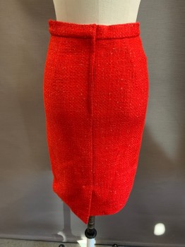 NL, Red, Gold Metallic, Wool, 2 Color Weave, Pencil Skirt, Zip Back, Slit Back, Hem Below Knee