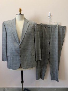 JACK VICTOR, Gray, Black, White, Blue, Wool, Glen Plaid, 2 Buttons, Single Breasted, Notched Lapel, 3 Pockets