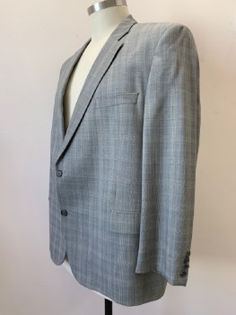 JACK VICTOR, Gray, Black, White, Blue, Wool, Glen Plaid, 2 Buttons, Single Breasted, Notched Lapel, 3 Pockets