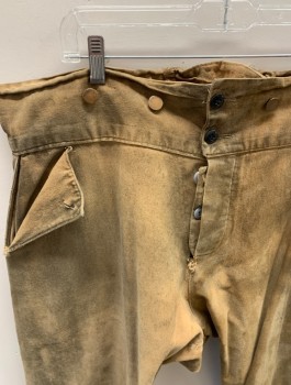 JAS TOWNSEND, Tan Brown, Cotton, Solid, Wide Waist Band, F.F, Button Front, Suspender Buttons, 2 Pockets, Missinf 2 Buttons On Pockets & 1 On Fly, Lacing At Back Waist, Aged/Distressed, Patched