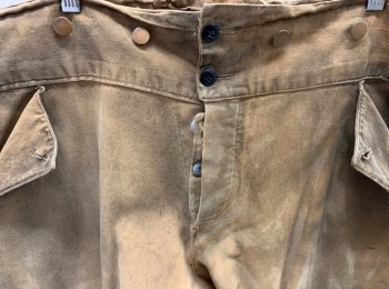 Mens, Historical Fiction Pants, JAS TOWNSEND, Tan Brown, Cotton, Solid, OPEN, 40, Wide Waist Band, F.F, Button Front, Suspender Buttons, 2 Pockets, Missinf 2 Buttons On Pockets & 1 On Fly, Lacing At Back Waist, Aged/Distressed, Patched