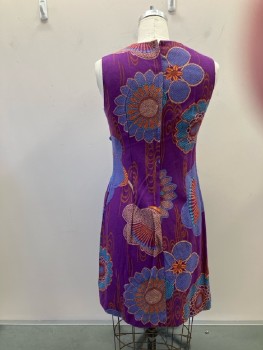 N/L, Purple/Blue/Orange/Teal Wool Floral, V-N, Slvls, Back Zip, Attached Belt And Silver Buckle Detail Front Waist