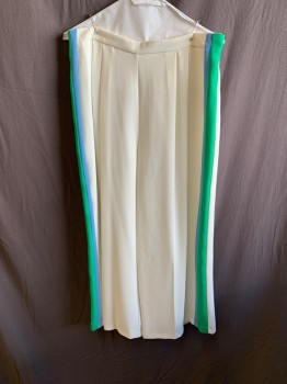 Womens, Pants, TOP SHOP, White, Polyester, 10, Pleated Front, Blue & Green Side Stripes Zip Back, 2 Back Welt Pockets