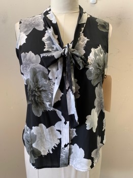 Womens, Top, CALVIN KLEIN, Black, Dk Gray, Lt Gray, Off White, Polyester, Spandex, Floral, L, Slvls, Button Front, Self Tie Collar