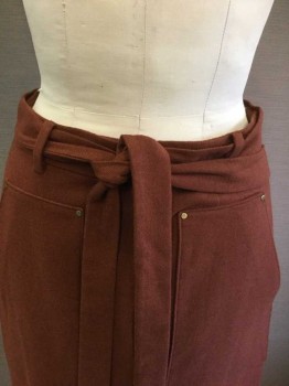 Womens, Skirt, Below Knee, TIBI, Chestnut Brown, Polyester, Wool, Solid, 6, Hidden Placket Button Front, 2 Large Patch Pockets Front, Attached Self Belt, Side Slits Both Sides, Double