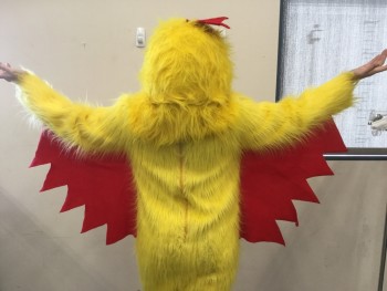 N/L, Lemon Yellow, Red, Polyester, Color Blocking, CHICKEN - Fur, Crew Neck,  Zip Back, Long Sleeves, Legs Stop at Knees, Wing Attached at Arm and Body