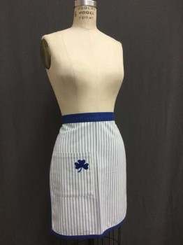 Cream, Lt Blue, Blue, Cotton, Stripes, White & Light Blue Stripe Apron with Blue Clover On Pocket
