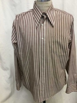 Mens, Dress Shirt, GOLDEN VEE, Brown, Khaki Brown, Polyester, Cotton, Stripes, L, Long Sleeves, Button Front, Collar Attached, 1 Pocket,