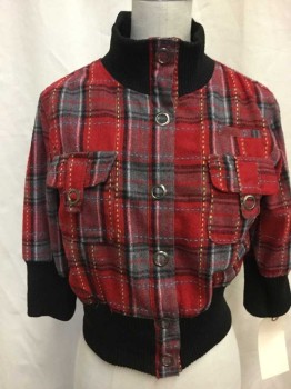 Womens, Casual Jacket, POETRY, Red, Gray, Ballet Pink, Orange, White, Wool, Plaid, S, Snap Front, 1/2 Sleeve, 2 Flap Snap Pocket, Rib Knit Trim at Collar/ Cuffs and Waistband, Cropped