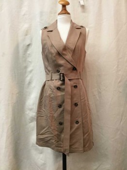 Womens, Dress, Sleeveless, WHT HOUSE BLK MKT, Lt Brown, Synthetic, Solid, 4, Lt Brown, Dbl Breasted, 8  Buttons,  2 Pockets, Epaulets, Belt, Trench Coat Style, Sleeveless