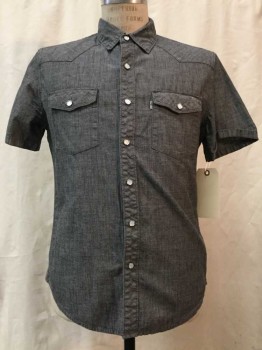 LEVI'S, Charcoal Gray, Cotton, Heathered, Heather Charcoal, Snap Front, Collar Attached, Short Sleeves, 2 Flap Pockets