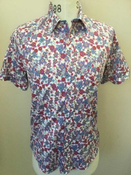 ROBERT GRAHAM, White, Slate Blue, Lt Pink, Red, Purple, Cotton, Spandex, Floral, White with Red, Light Pink, Slate Blue, Purple Floral Print, Collar Attached, Button Front, Short Sleeves with Cuff