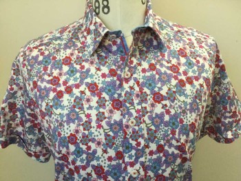 ROBERT GRAHAM, White, Slate Blue, Lt Pink, Red, Purple, Cotton, Spandex, Floral, White with Red, Light Pink, Slate Blue, Purple Floral Print, Collar Attached, Button Front, Short Sleeves with Cuff
