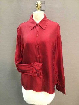 ANN TAYLOR  , Dk Red, Silk, Solid, Silk Twill, Long Sleeves, Collar Attached, Button Front, French Cuff with Button Cufflinks