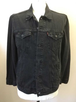 Mens, Jean Jacket, LEVI'S, Black, Cotton, Solid, XL, Button Front, Long Sleeves, Collar Attached, 4 Pockets, Back Waist Tabs, Doubles
