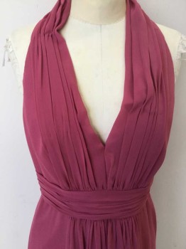 Womens, Evening Gown, WATTERS & WATTERS, Raspberry Pink, Polyester, Solid, 4, Dusty Raspberry Sheer, Gather Plunge V-neck, & Waistband,Sleeveless, 4 Self Cover Button Back @ Neck (1 Missing Button), Zip Back,